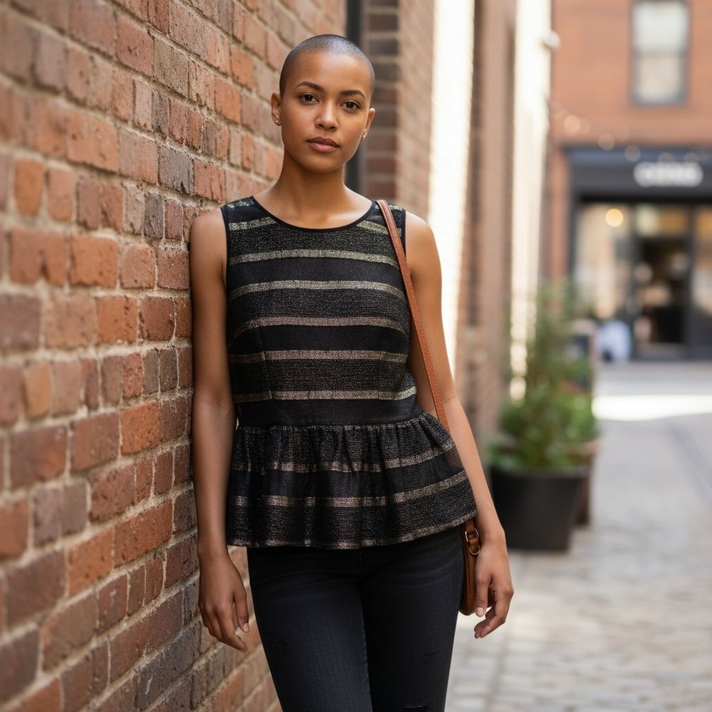 CeCe Cynthia Steffe Jubilee Gems Peplum Top, Black Gold Metallic Lined, Size 6